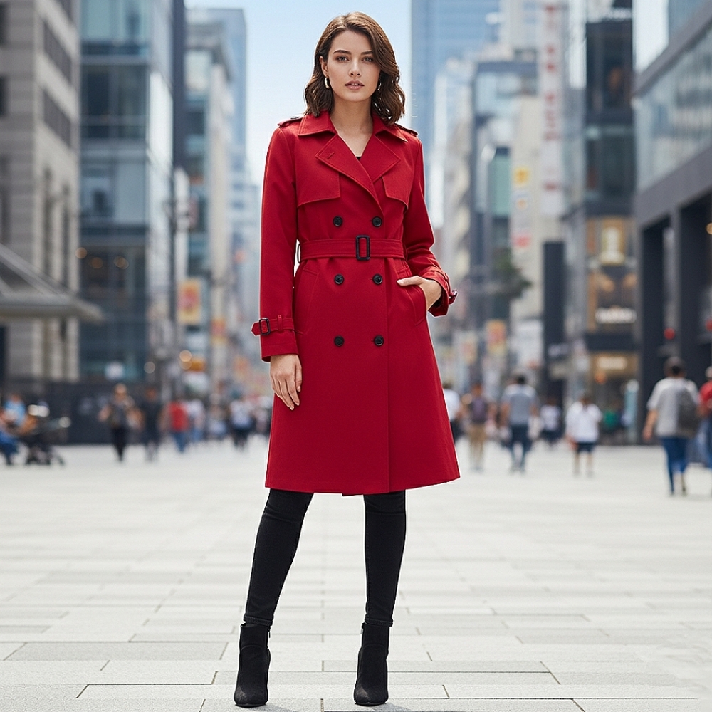Double-Breasted Trench Coat Belted Red Above Knee Black Button Pockets XL (US M)